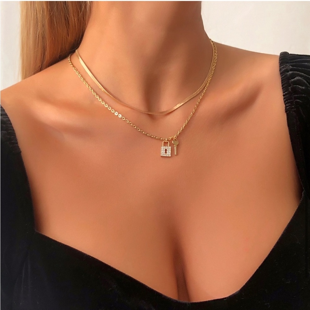 Double Layer Lock and Key Pendant Necklace